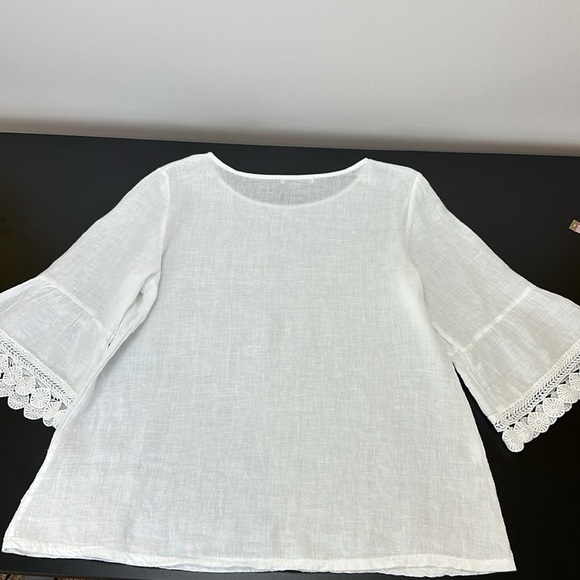 Terzo Millennio White 100% Linen 3/4 Bell Sleeves Crochet Lace Trim Top β¦ - Picture 3 of 11